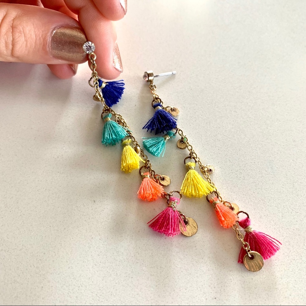 Multi-colored tassel & gold coin drop earrings